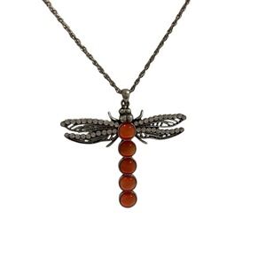 Large Dragonfly Pendant Necklace Silver Tone Orange Beads 22"